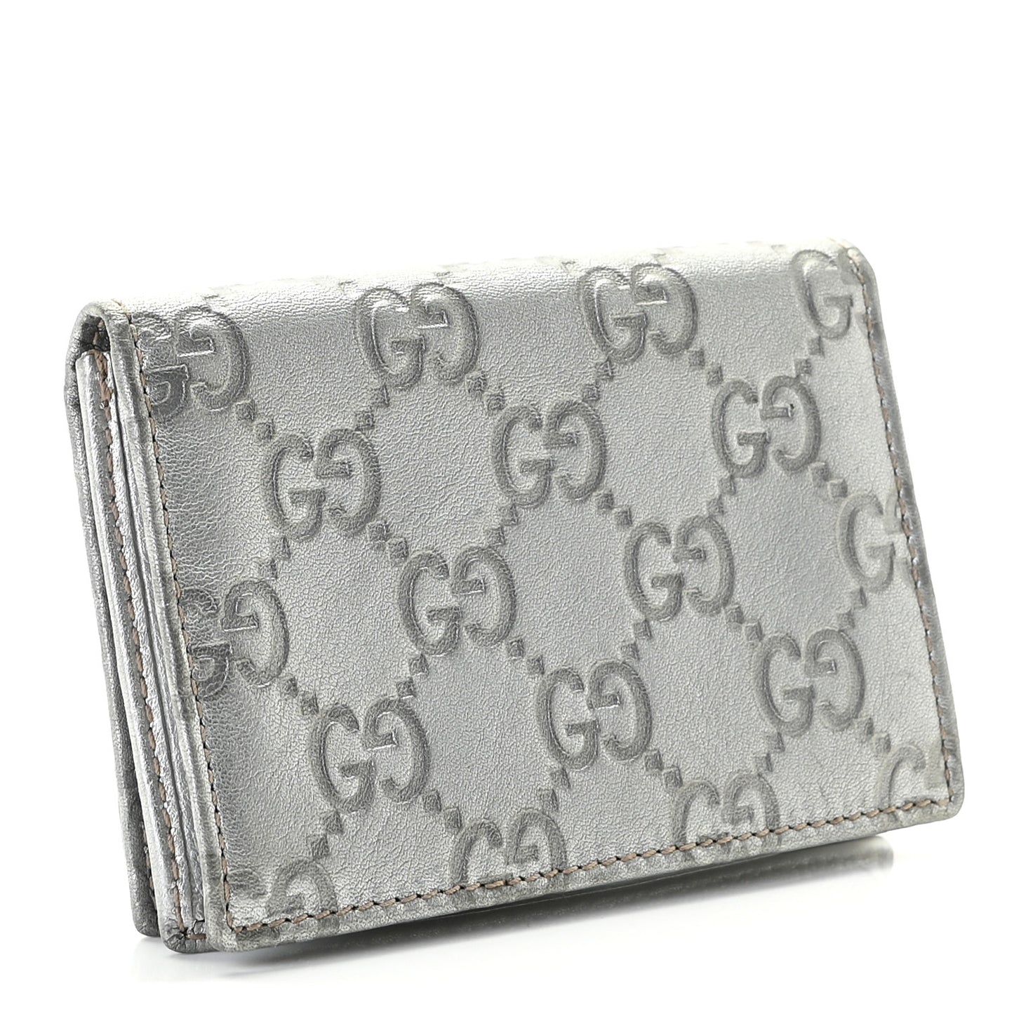 Metallic Guccissima Interlocking G Flap Card Case Silver
