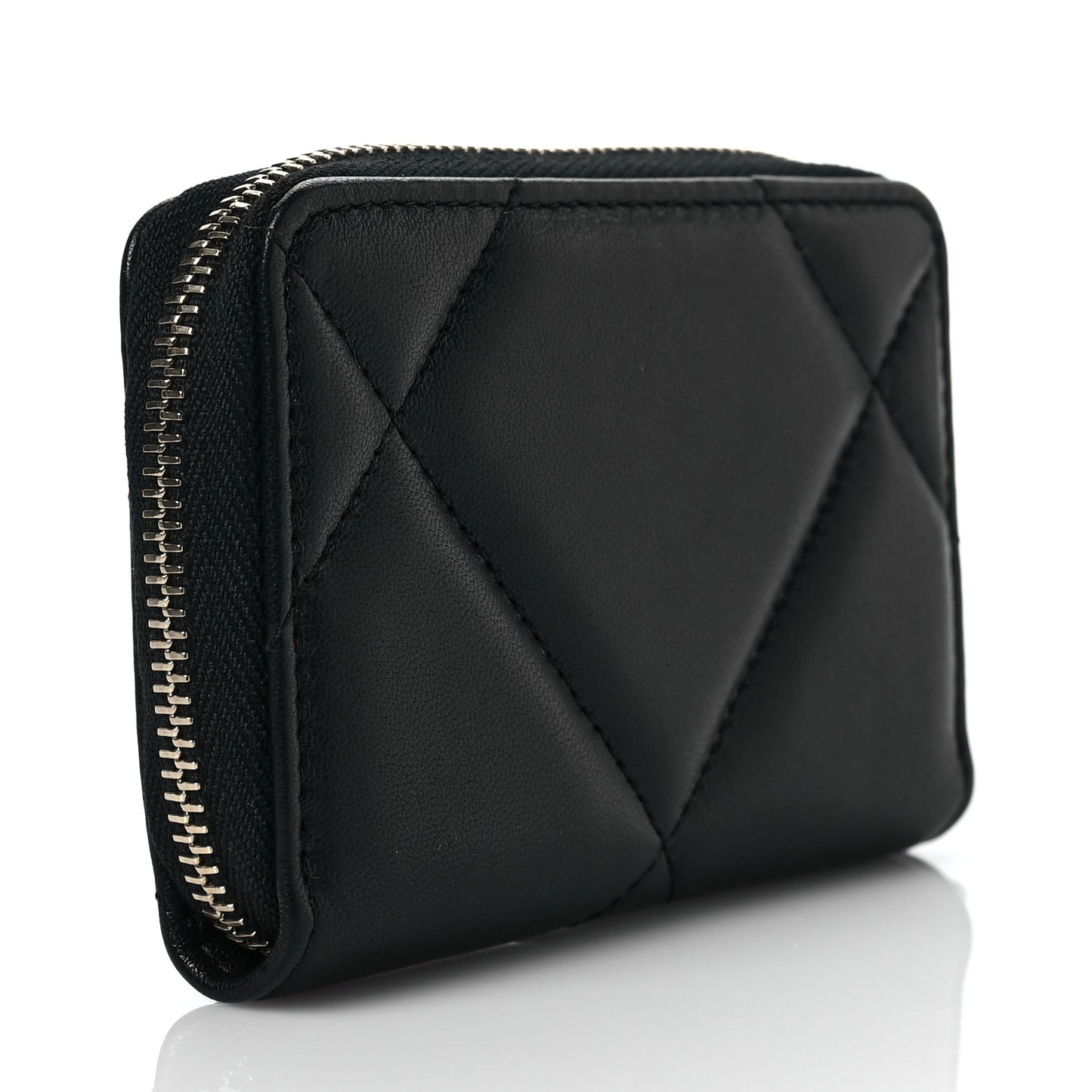 Shiny Goatskin Quilted Chanel 19 Zip Around Coin Purse Wallet Black
