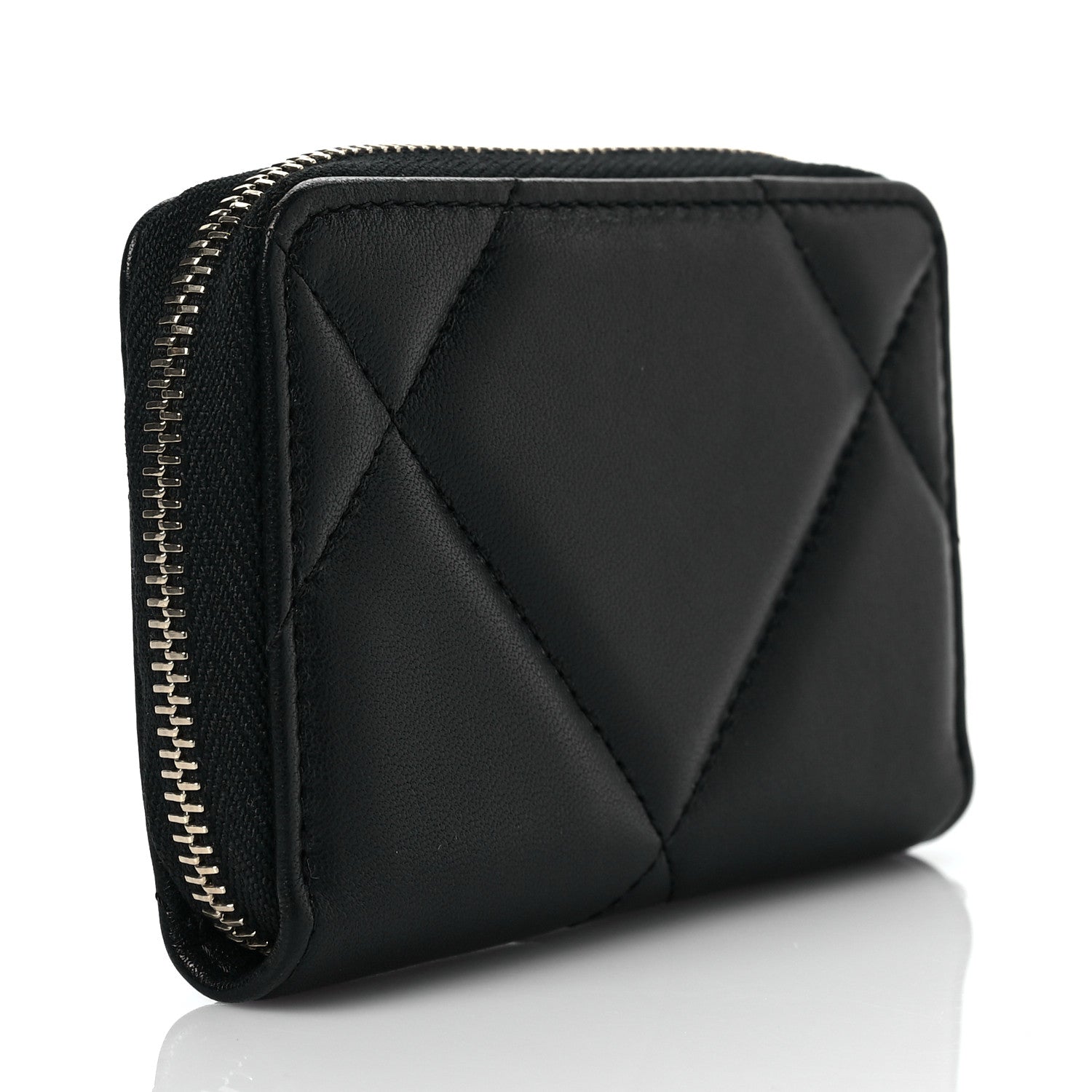 Chanel Shiny Goatskin Quilted Chanel 19 Zip Around Coin Purse Wallet Black 3 of 8