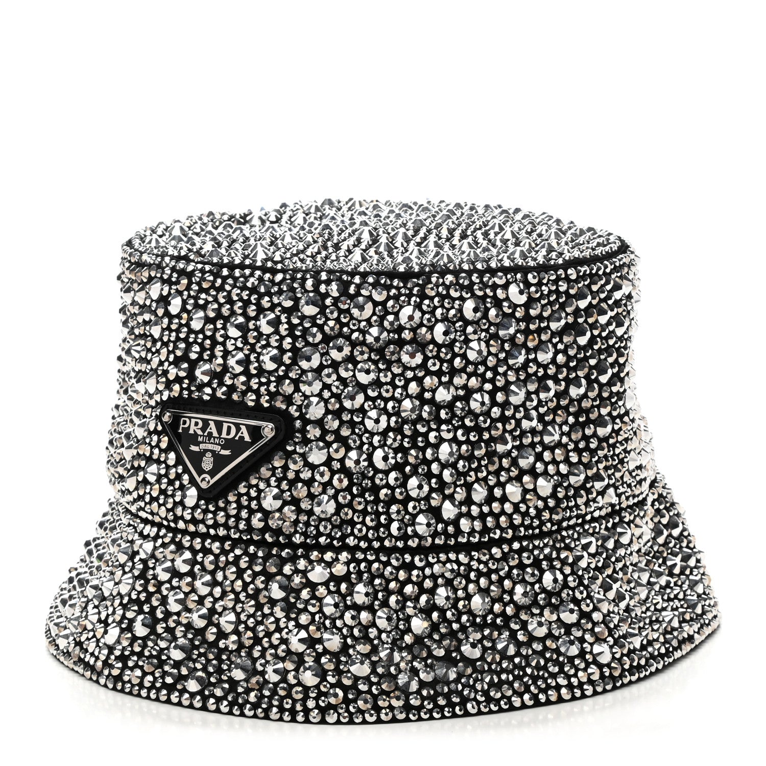 Prada Satin Crystal Metal Triangle Logo Womens Bucket Hat M Metal 1 of 9