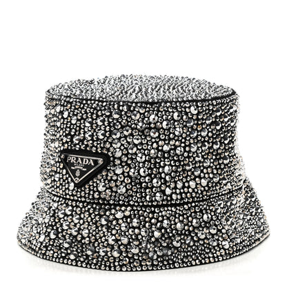Prada Satin Crystal Metal Triangle Logo Womens Bucket Hat M Metal 1 of 9