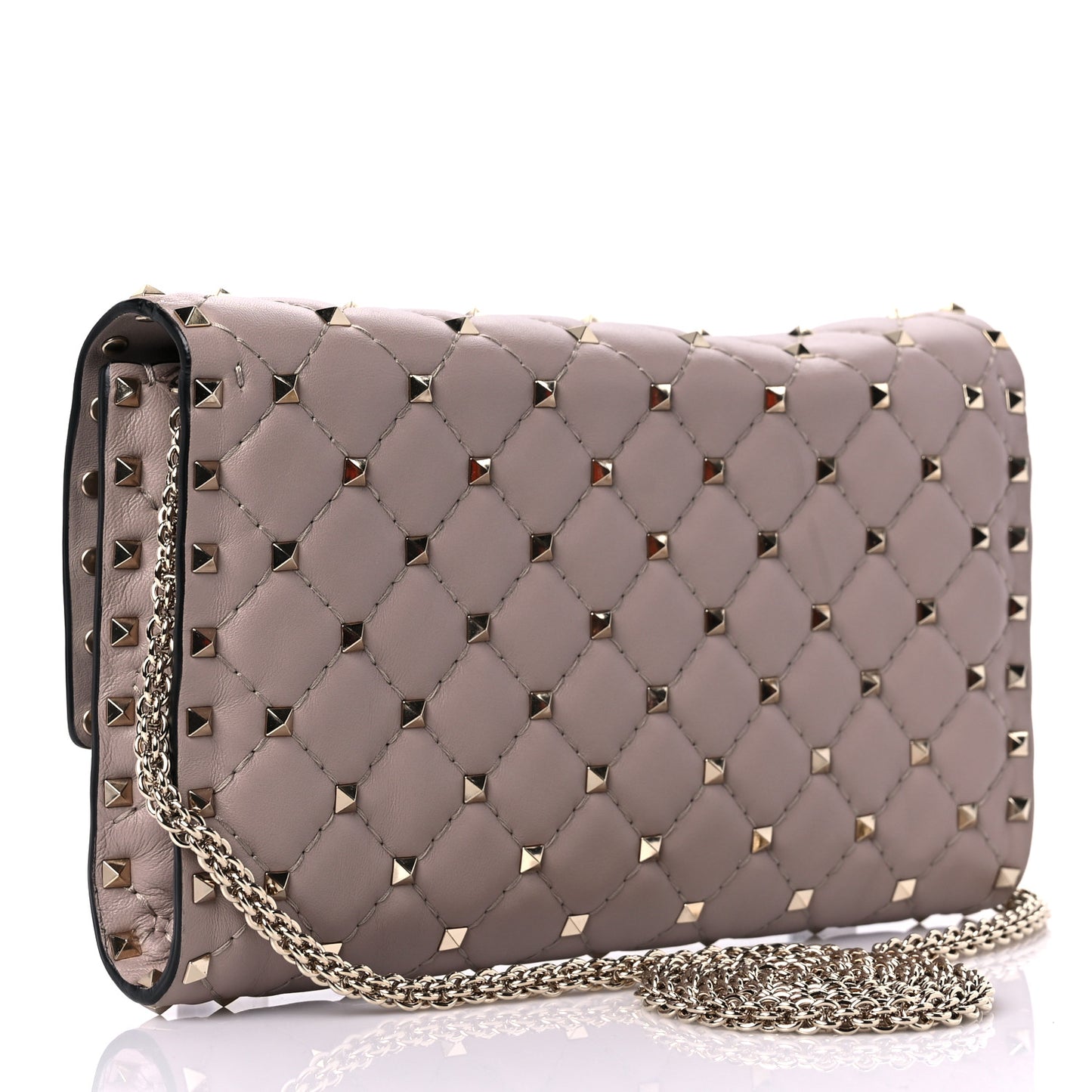 Lambskin Rockstud Spike Wallet on Chain Poudre