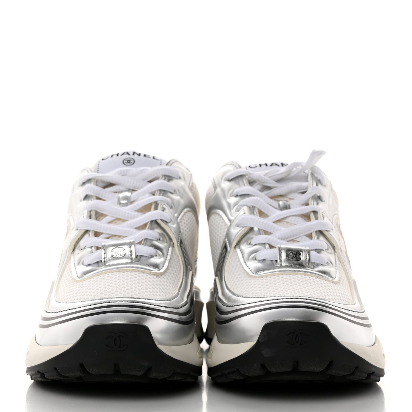 Fabric Laminated Calfskin Stretch CC Womens Sneakers 38 White Silver