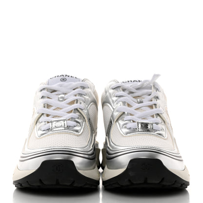 Chanel Fabric Laminated Calfskin Stretch CC Womens Sneakers 38 White Silver 2 of 9