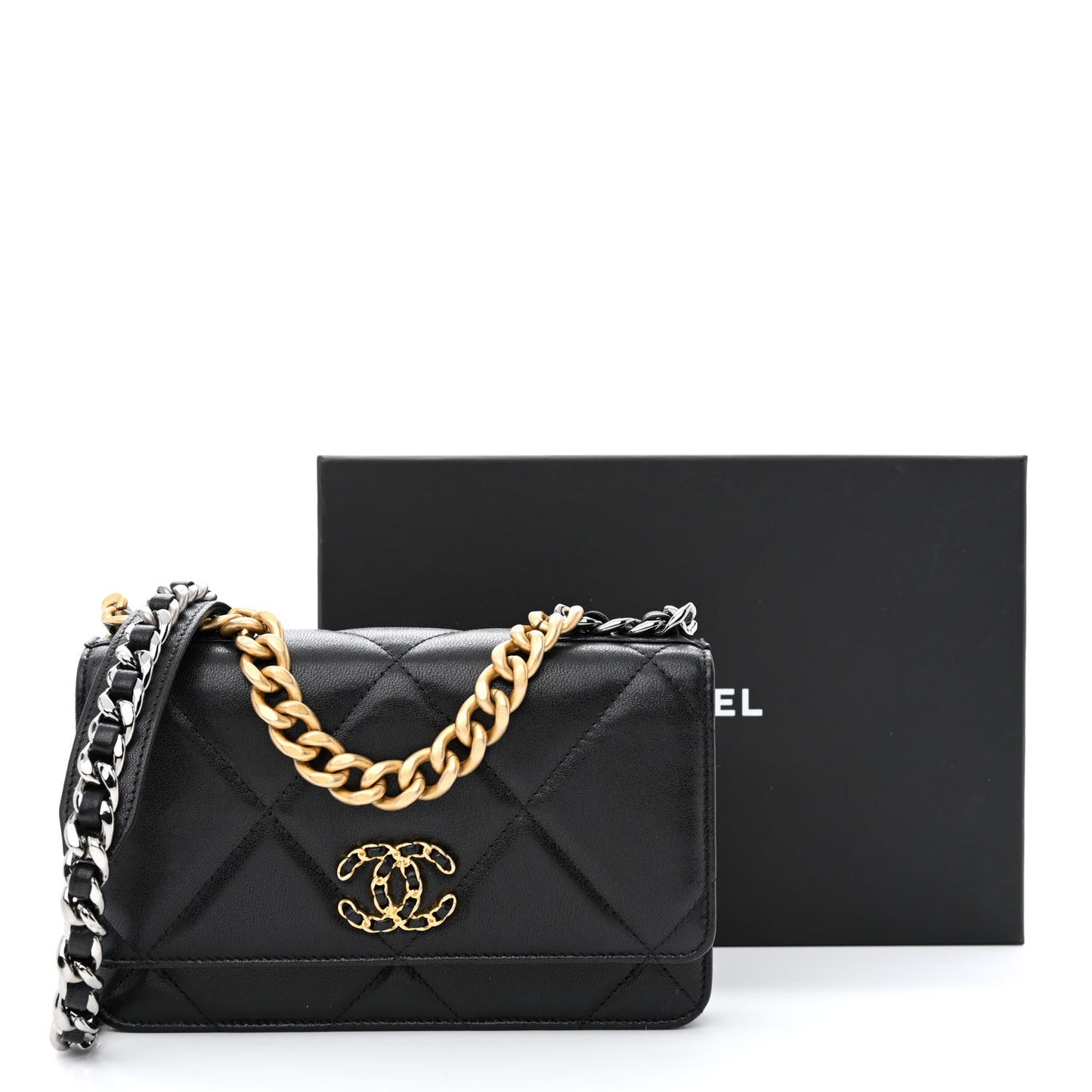 Goatskin Quilted Chanel 19 Wallet On Chain WOC Black