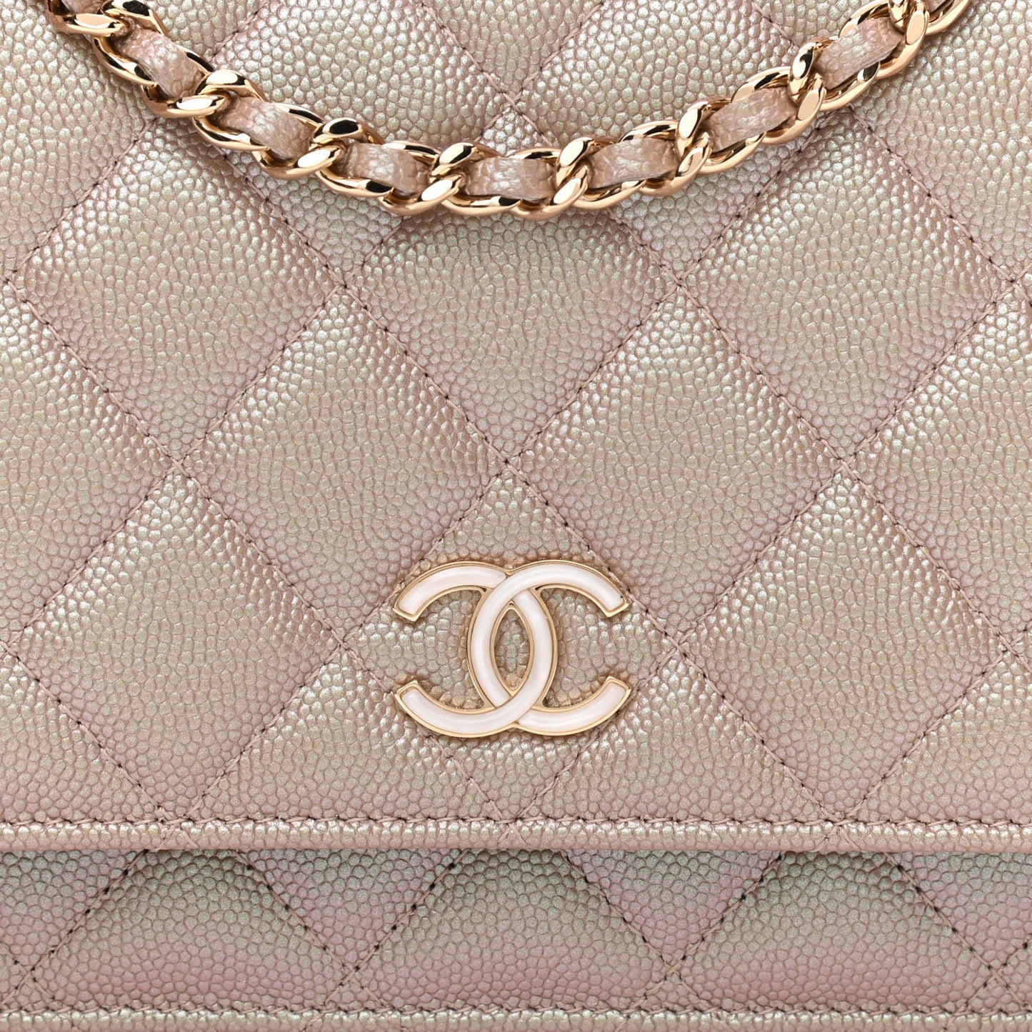 Iridescent Caviar Quilted Wallet On Chain WOC Beige