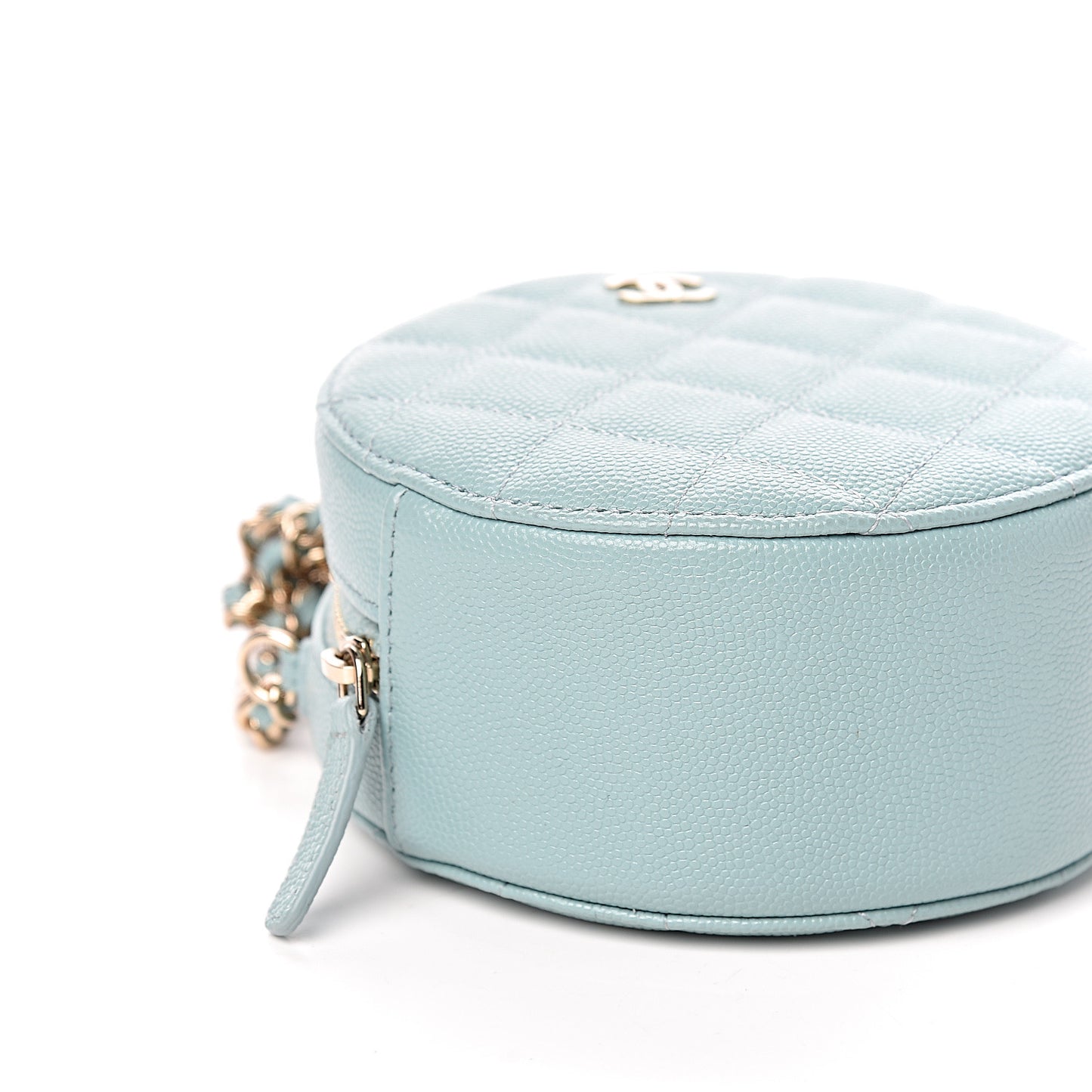 Caviar Quilted Round Clutch With Chain Light Blue