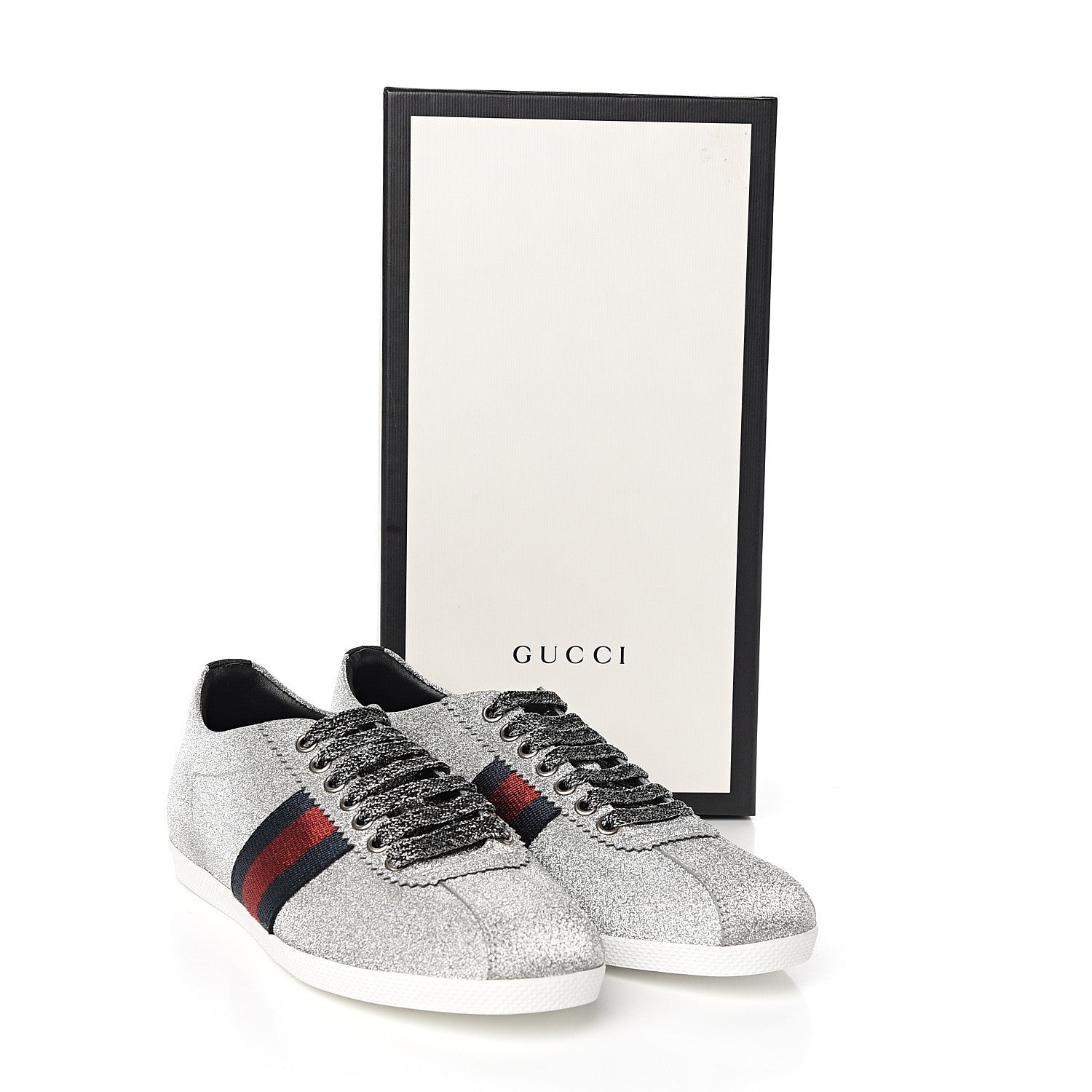 Gucci Glitter Fabric Studded Web Sneakers 37.5 Silver 10 of 10