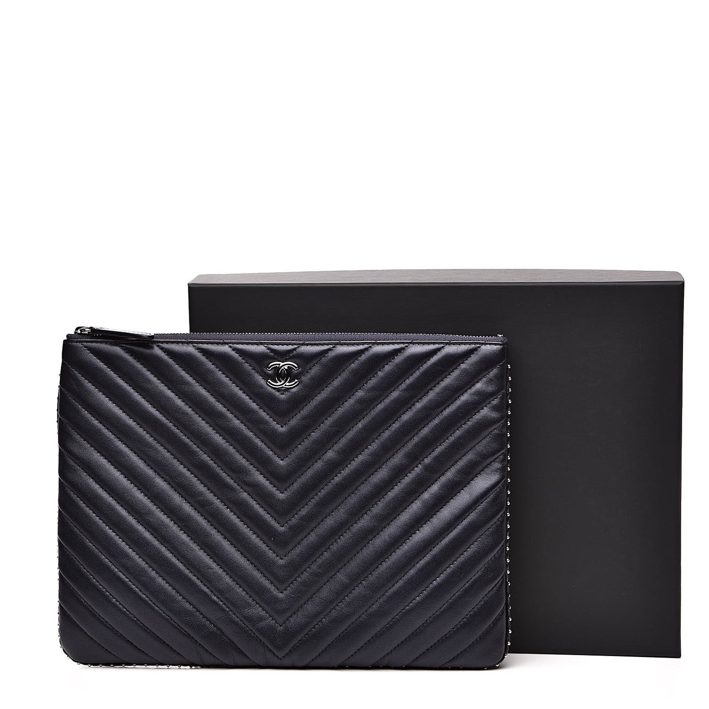 Calfskin Chevron Studded Quilted Medium Cosmetic Case Navy