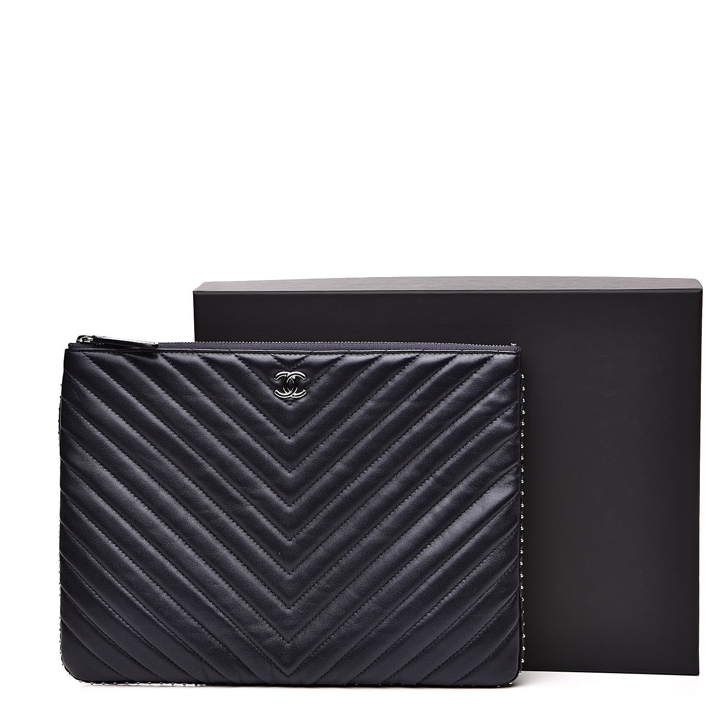 Chanel Calfskin Chevron Studded Quilted Medium Cosmetic Case Navy 11 of 11