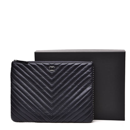 Chanel Calfskin Chevron Studded Quilted Medium Cosmetic Case Navy 11 of 11