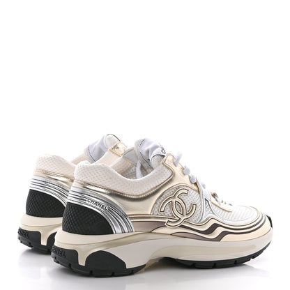 Chanel Fabric Laminated Calfskin Stretch CC Sneakers 36.5 White Gold Silver 4 of 16