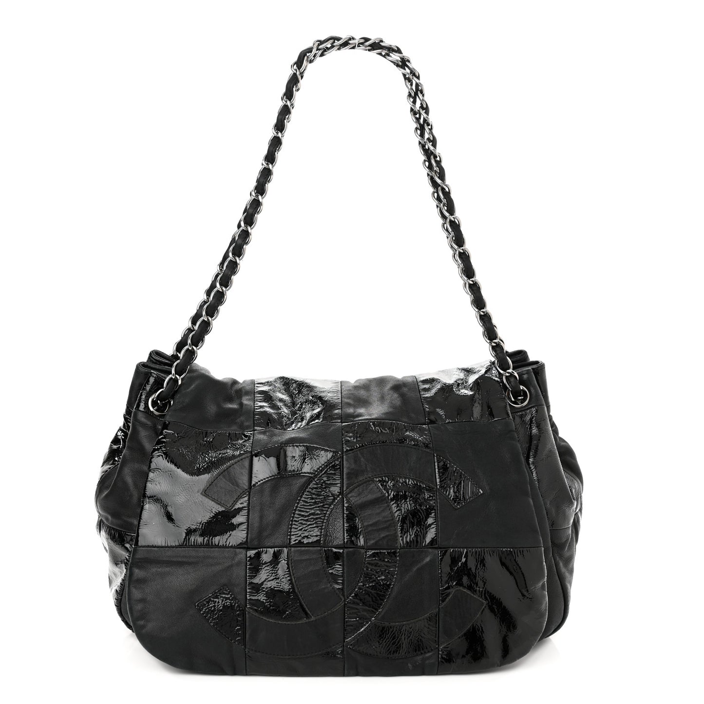 Lambskin Patent Calfskin Brooklyn Patchwork Accordion Flap Black
