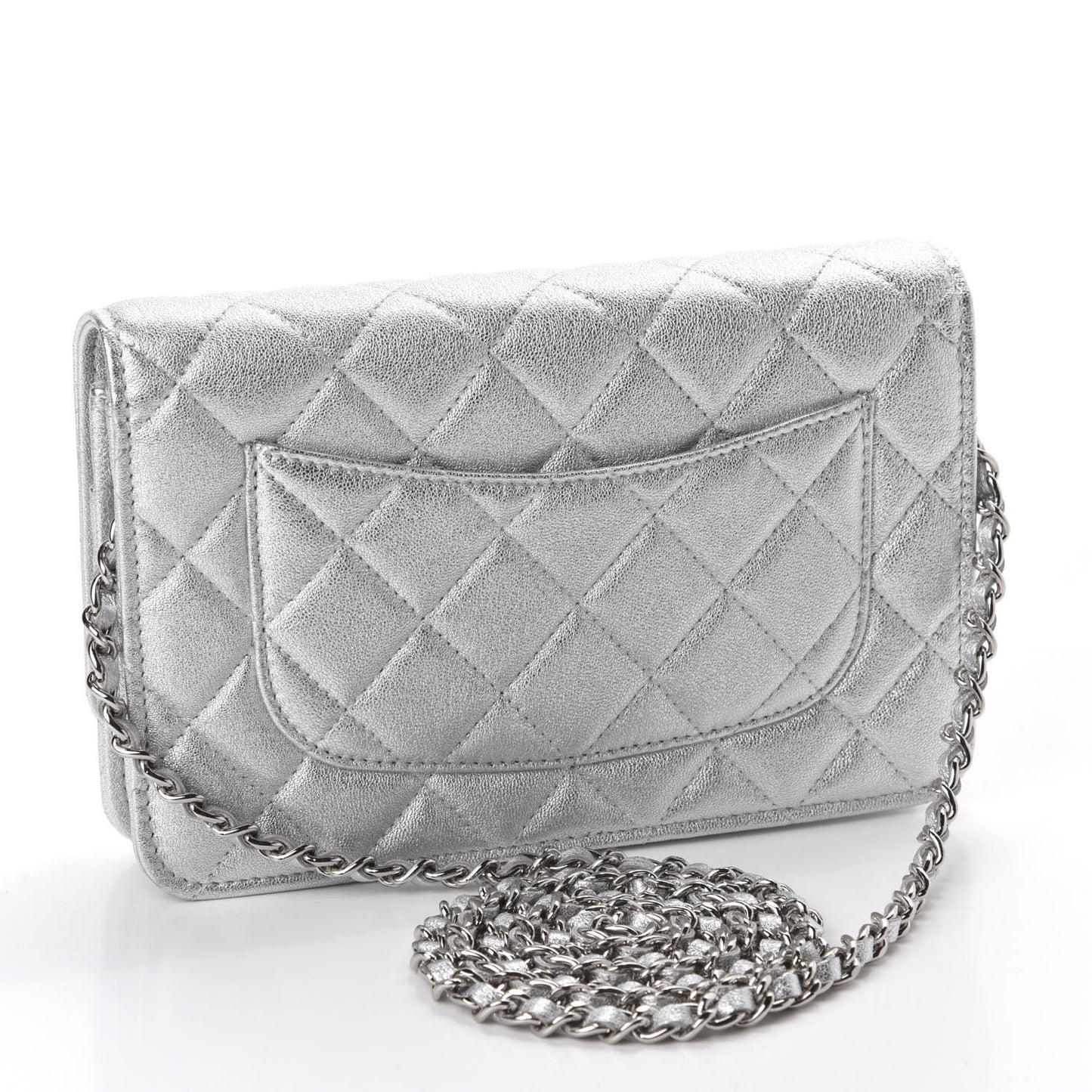 Metallic Lambskin Quilted Wallet On Chain WOC Silver