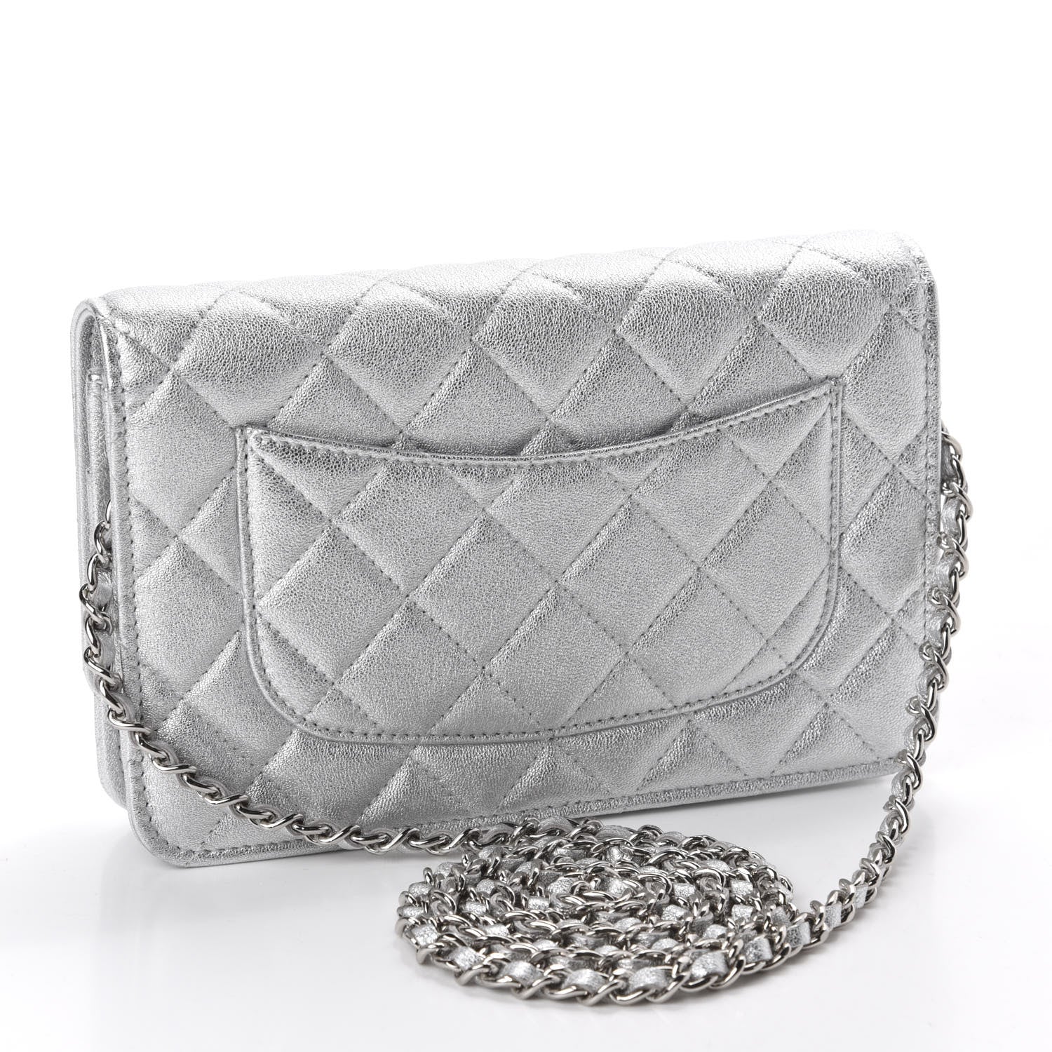 Chanel Metallic Lambskin Quilted Wallet On Chain WOC Silver 3 of 12