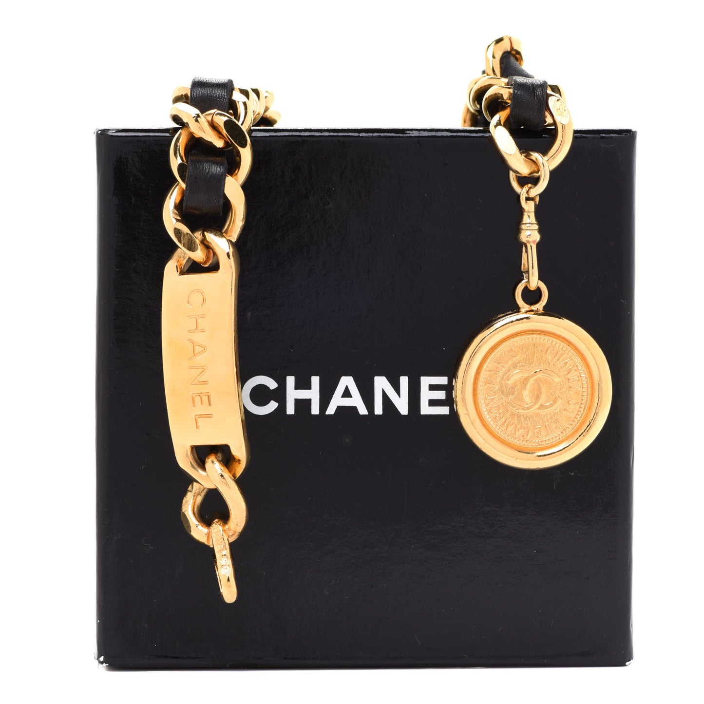 Lambskin Chain CC Medallion Belt Black Gold