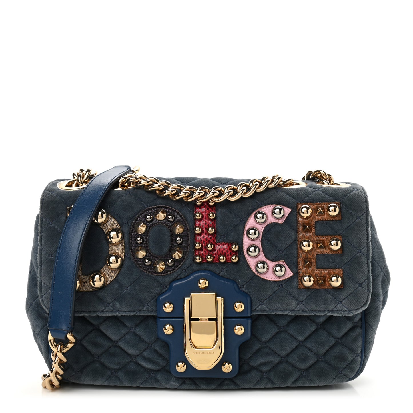 Velvet Watersnake Embellished Quilted Lucia Shoulder Bag Blue