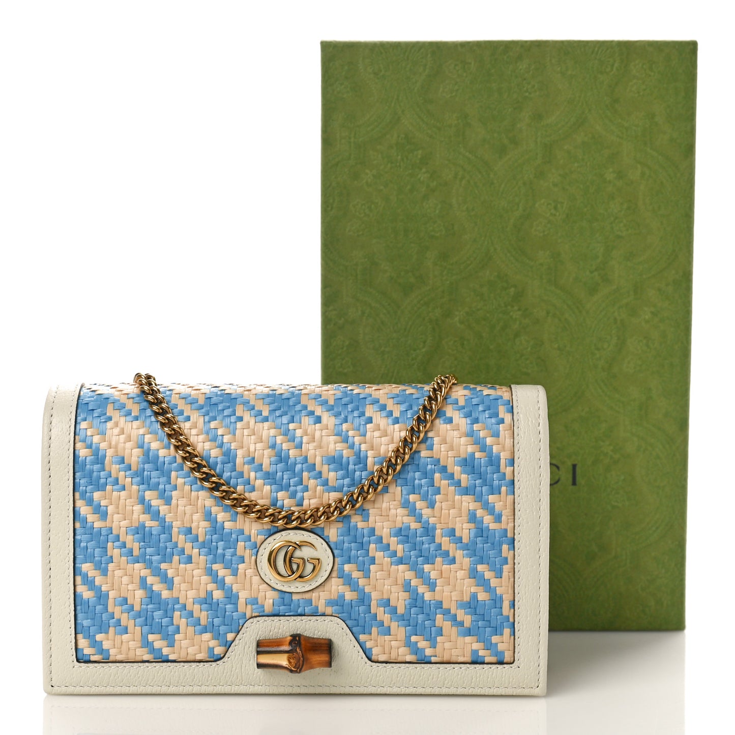 Polished Raffia Textured Dollar Calfskin Houndstooth Mini Diana Chain Bag Natural Light Blue Mystic White