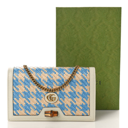 Gucci Polished Raffia Textured Dollar Calfskin Houndstooth Mini Diana Chain Bag Natural Light Blue Mystic White 9 of 9