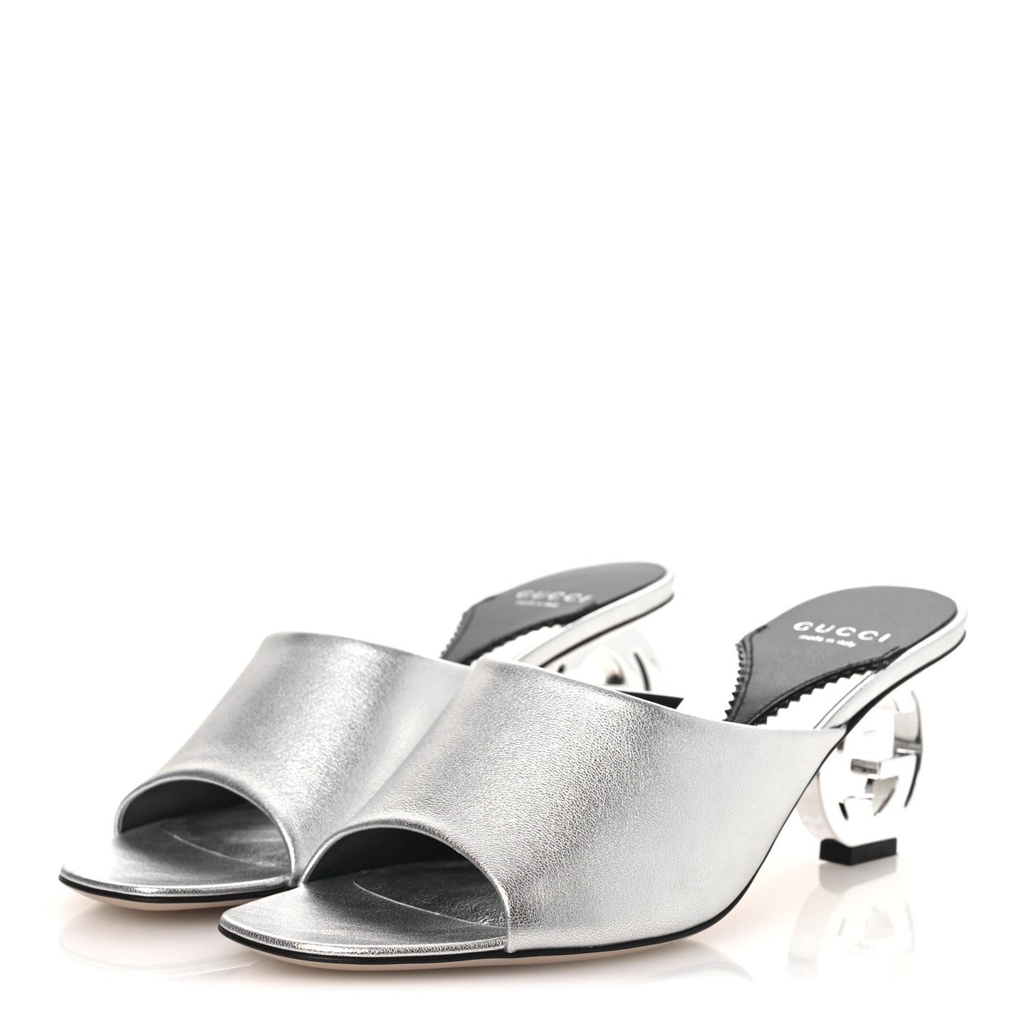 Nappa Lame Interlocking G Bella 65mm Slide Sandals 39 Argento