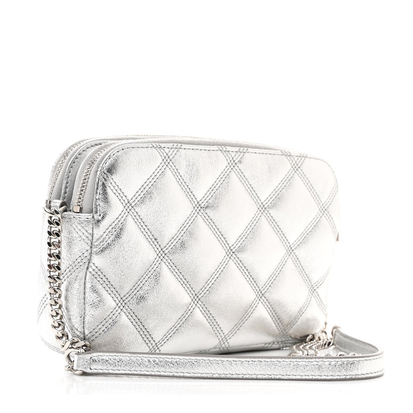 Metallic Lambskin Quilted Mini Becky Double Zip Bag Argento