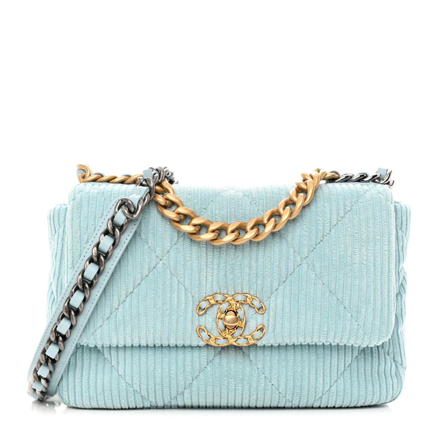 Corduroy Quilted Medium Chanel 19 Flap Light Blue