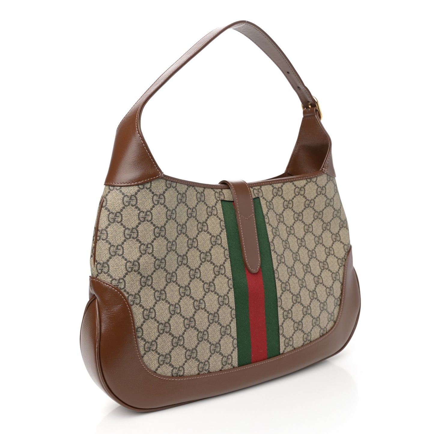 GG Supreme Monogram Azalea Calfskin Web Medium Jackie 1961 Hobo Beige Ebony Brown Sugar