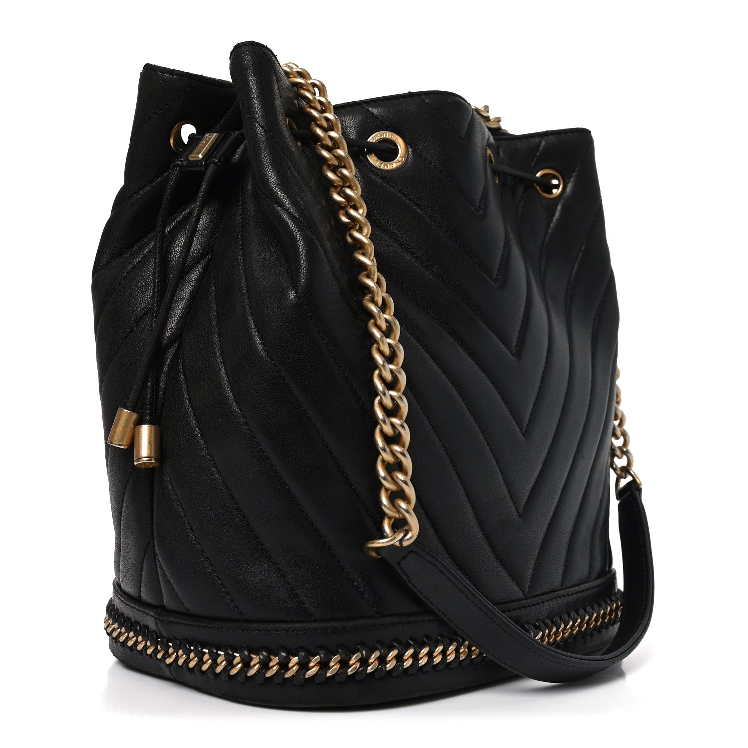 Chanel Sheepskin Chevron Quilted Drawstring Bag Black 3 of 10