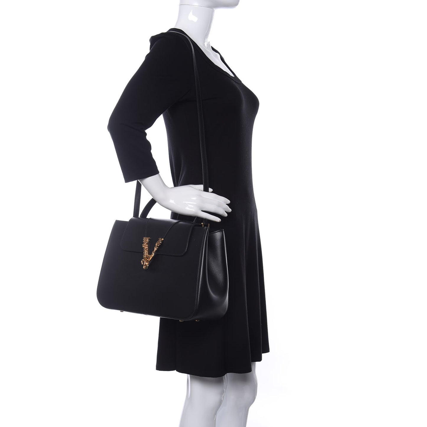 Vitello Barocco Virtus Small Top Handle Shoulder Bag Black