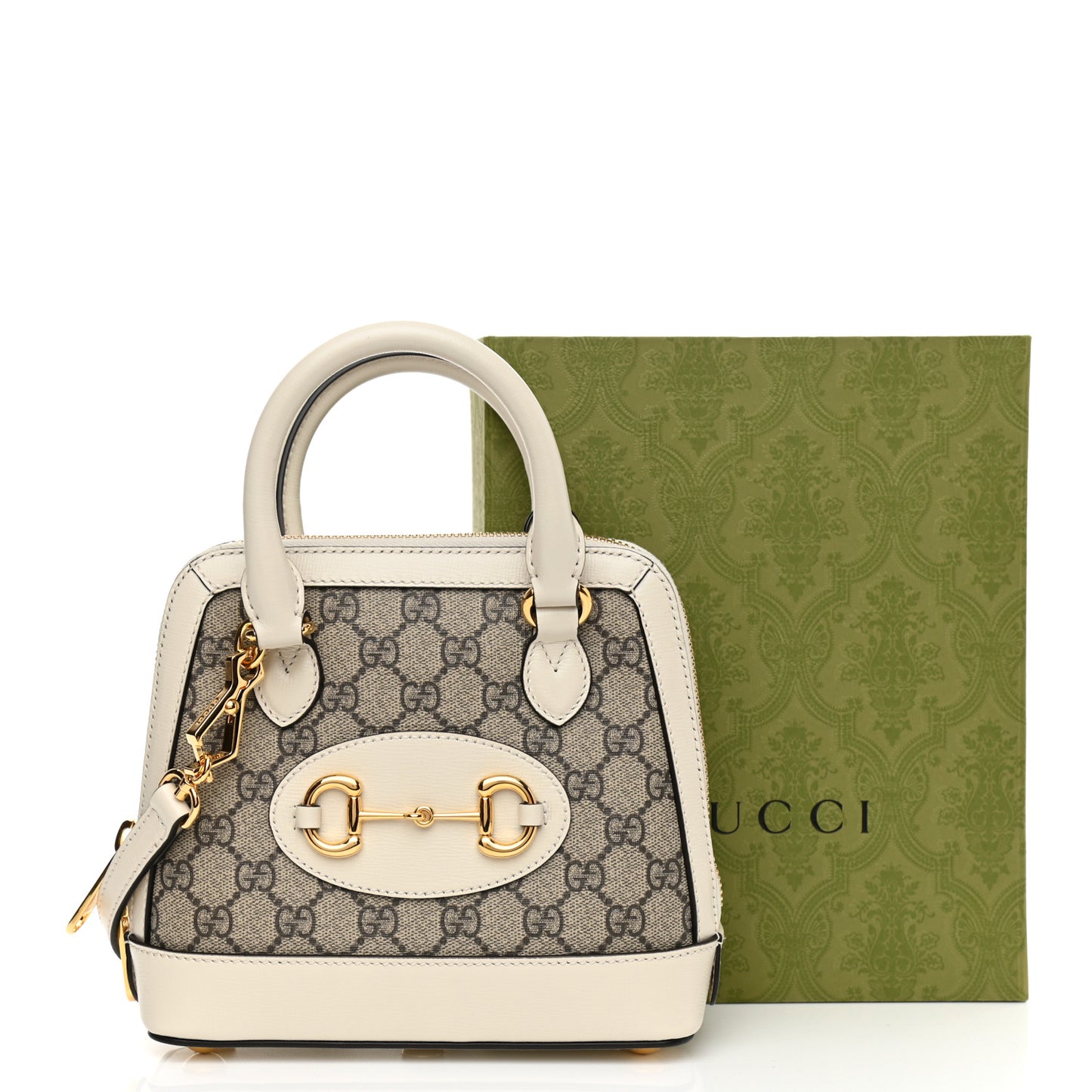 GG Supreme Monogram Azalea Calfskin Mini Horsebit 1955 Top Handle Bag Beige Ebony Mystic White