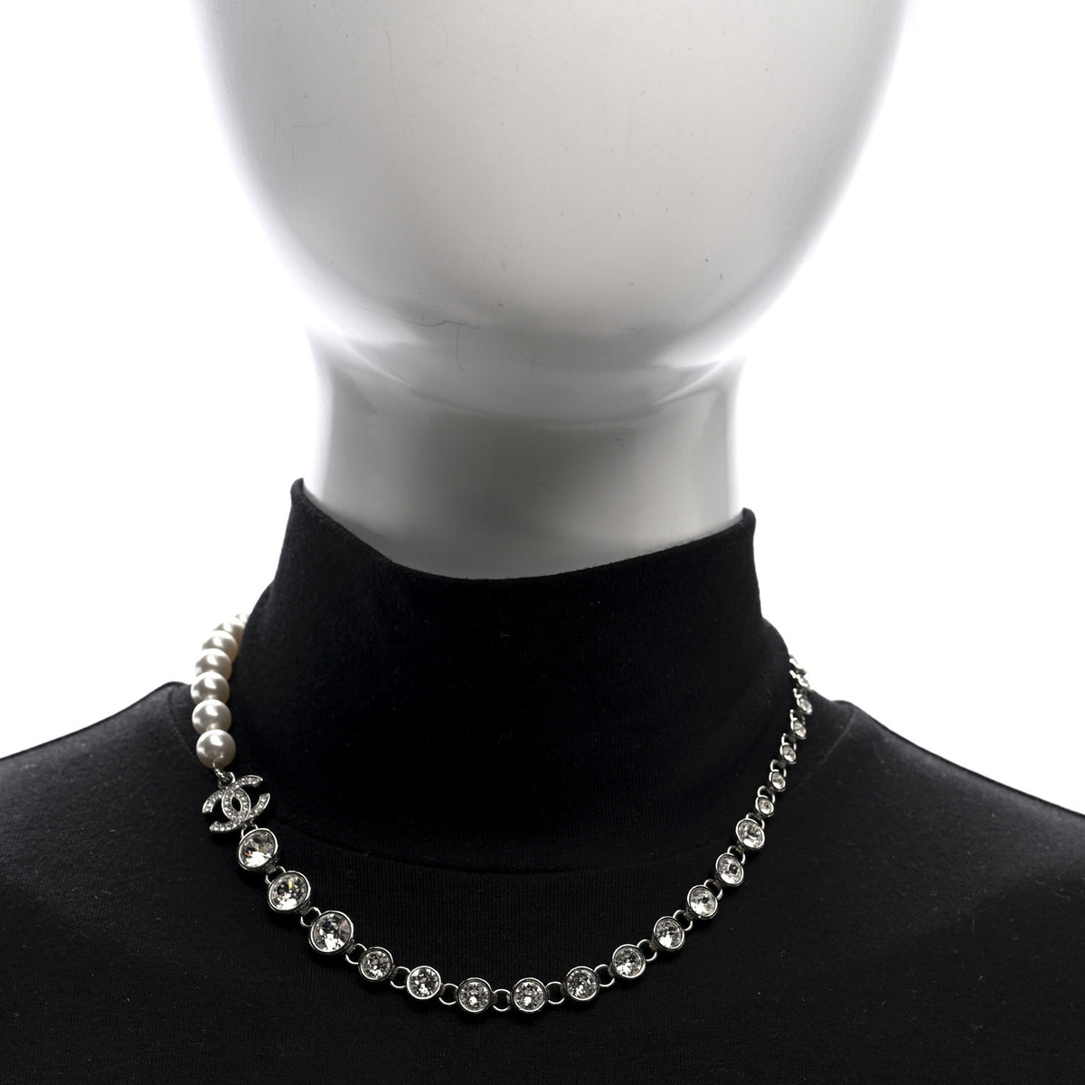 Pearl Crystal CC Choker Necklace Silver