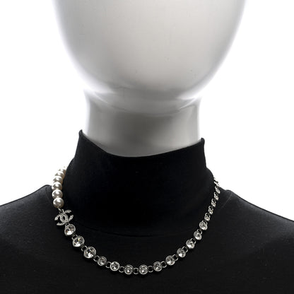 Chanel Pearl Crystal CC Choker Necklace Silver 2 of 5