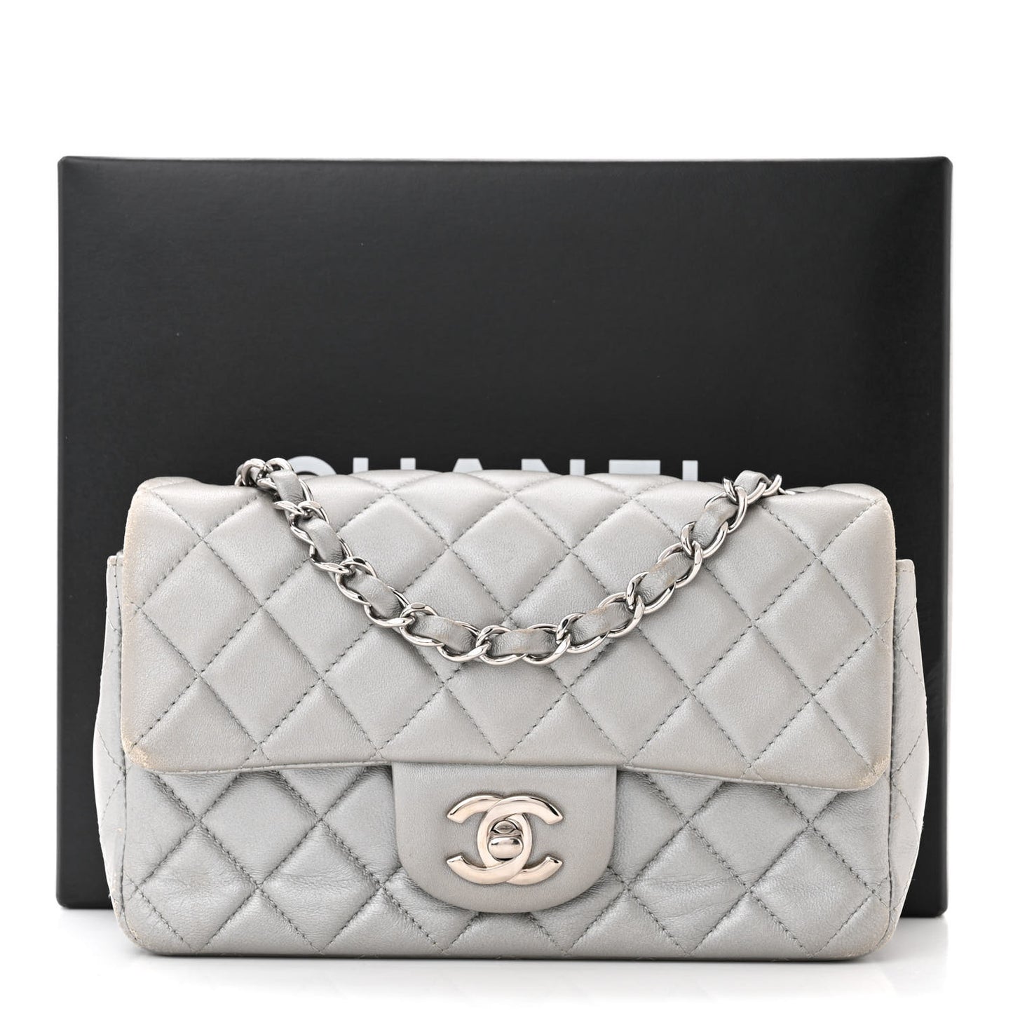 Metallic Lambskin Quilted Mini Rectangular Flap Silver