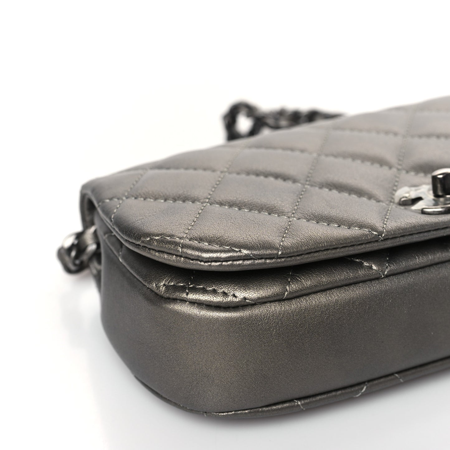 Metallic Calfskin Quilted Flap Clutch With Chain Ruthenium