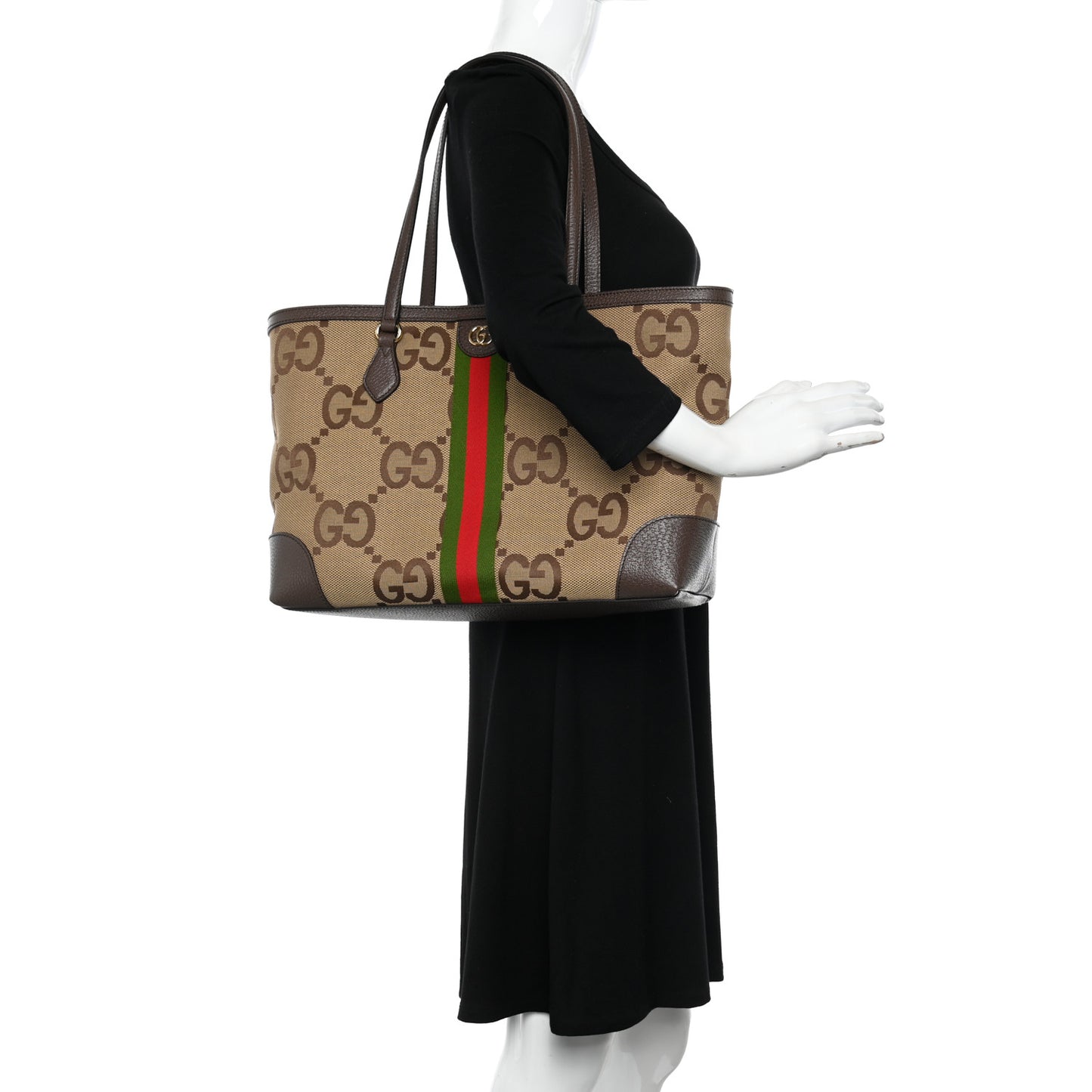 Monogram Jumbo GG Textured Dollar Calfskin Web Medium Ophidia Shopping Tote Camel Ebony