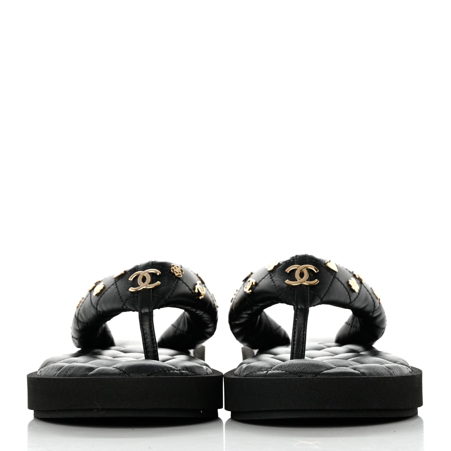 Lambskin Quilted Padded Charms Thong Sandals 38 Black