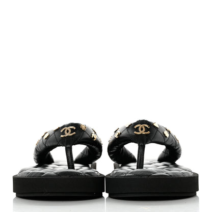 Chanel Lambskin Quilted Padded Charms Thong Sandals 38 Black 2 of 10