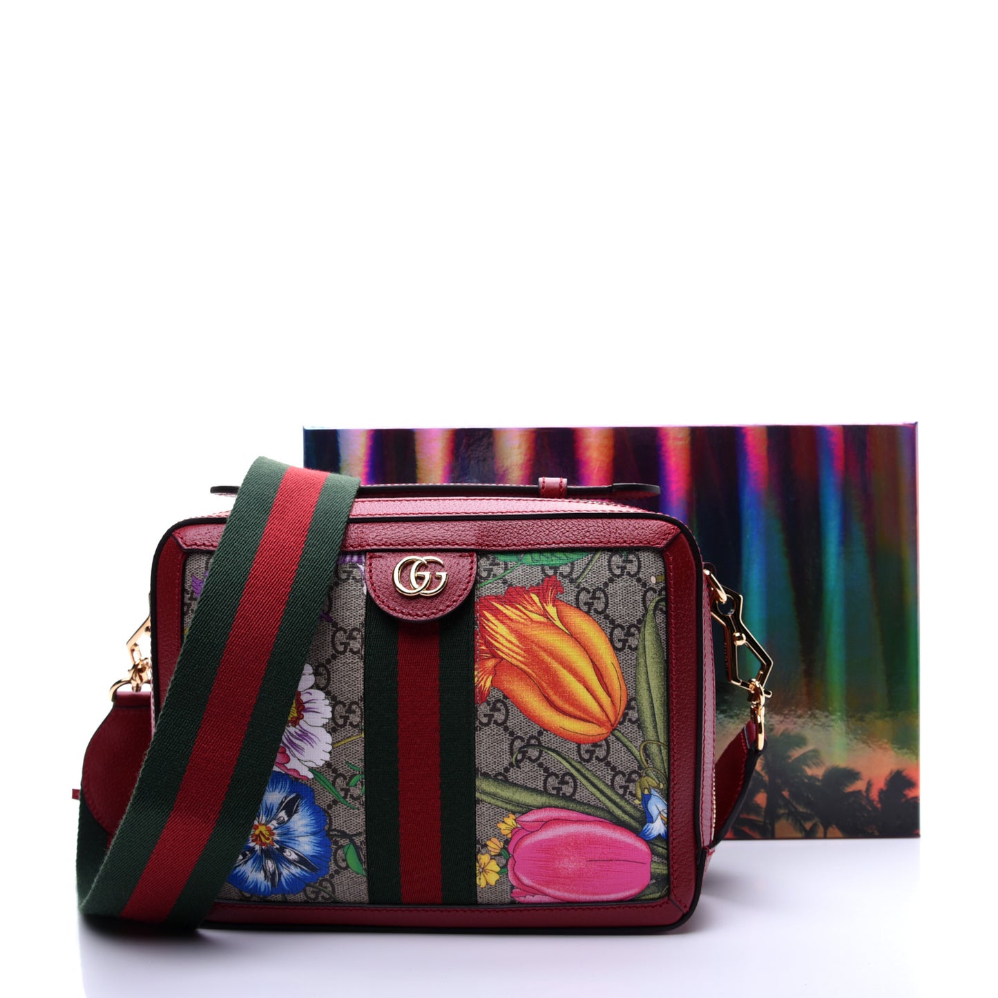 GG Supreme Monogram Flora Web Small Ophidia Top Handle Shoulder Bag Hibiscus Red
