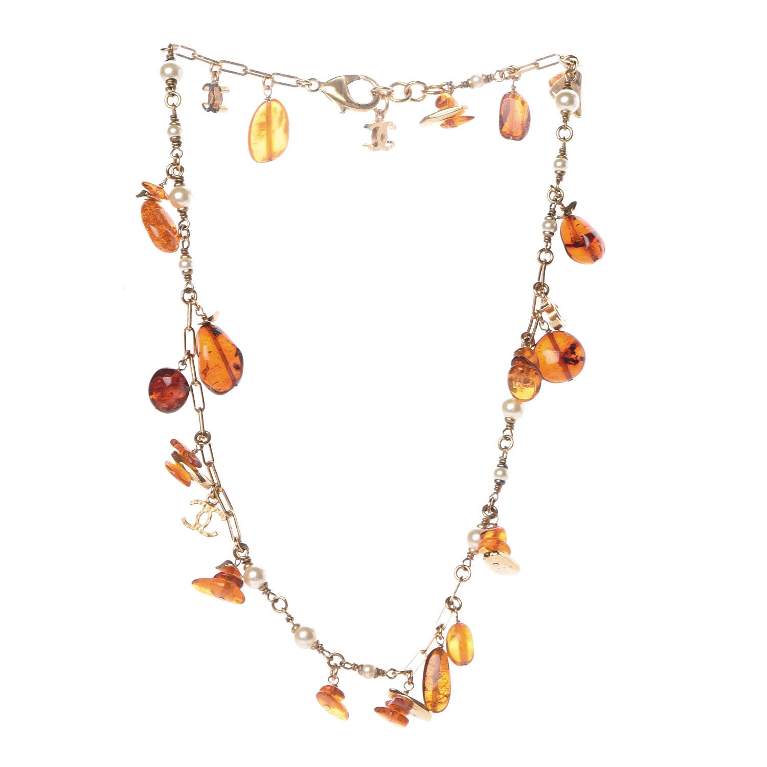Chanel Pearl Beaded CC Necklace Orange Gold 3 of 4