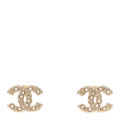 Chanel Metal Graduated Pearl Crystal CC Earrings Light Gold 1 of 5