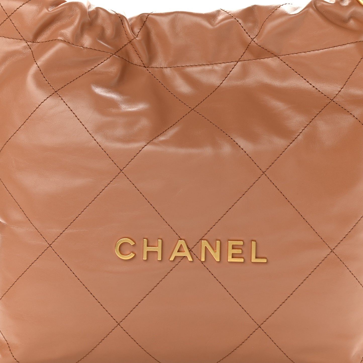 Shiny Calfskin Quilted Small Chanel 22 Camel