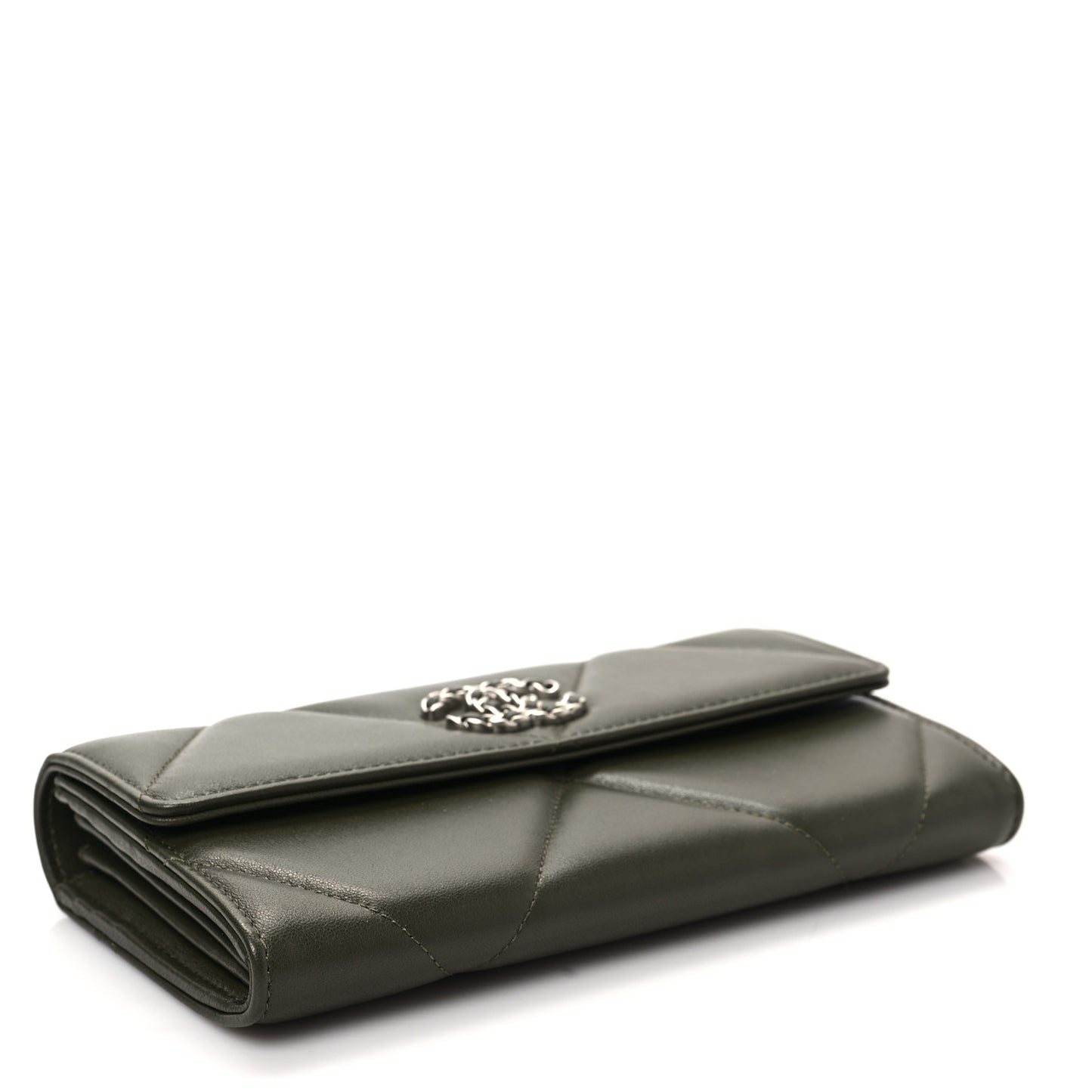 Lambskin Quilted Chanel 19 Flap Wallet Khaki