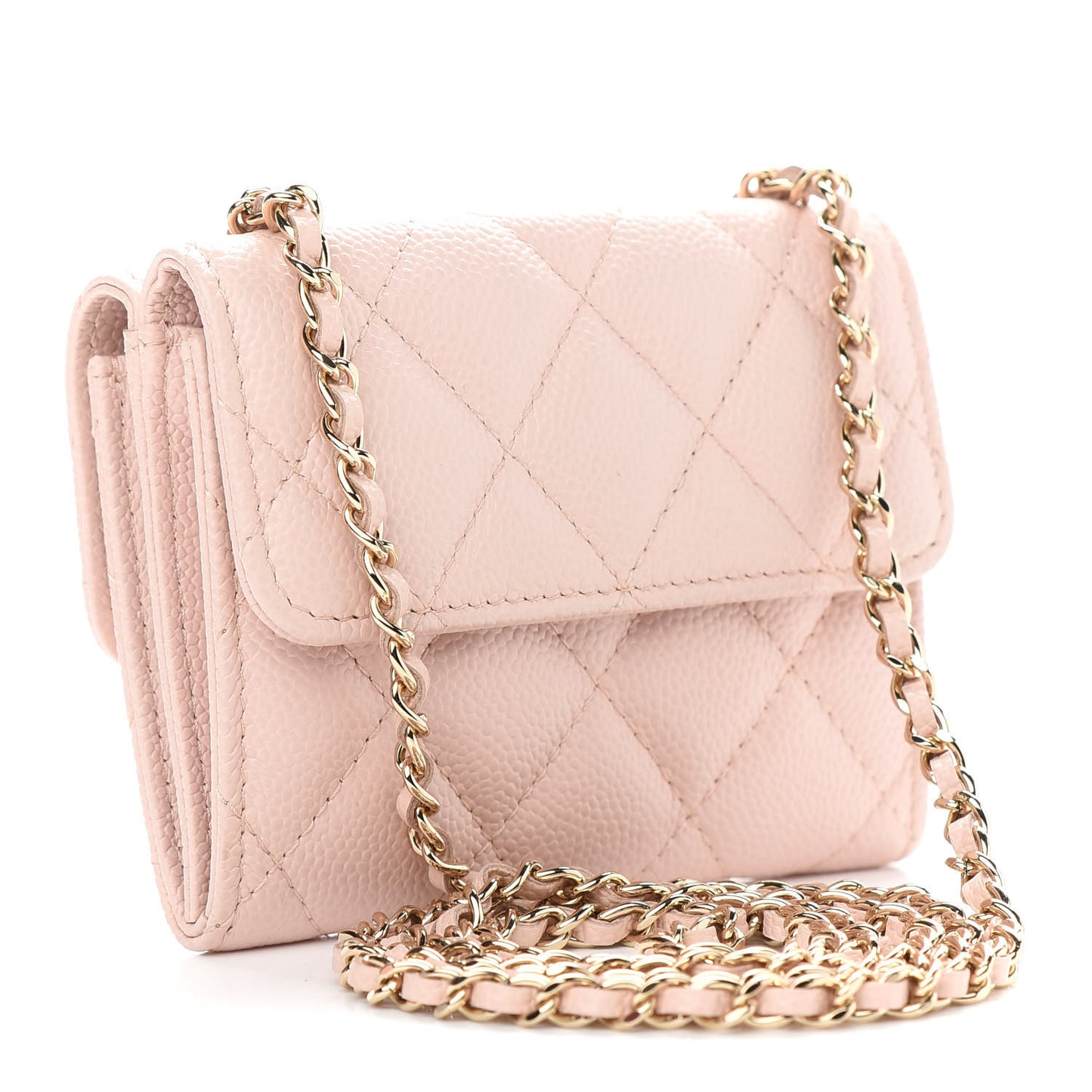 Caviar Quilted Card Holder On Chain Light Pink