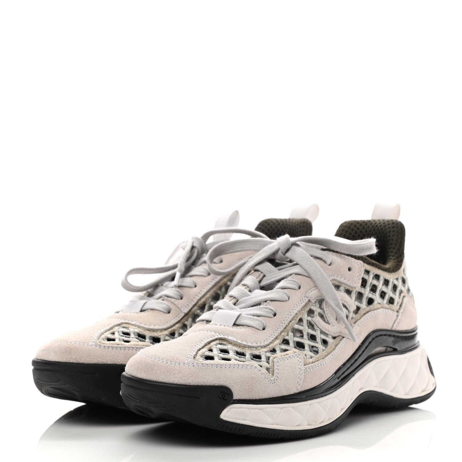 Chanel Suede Calfskin Embroidered CC Sneakers 38 Ecru Light Gray 3 of 12