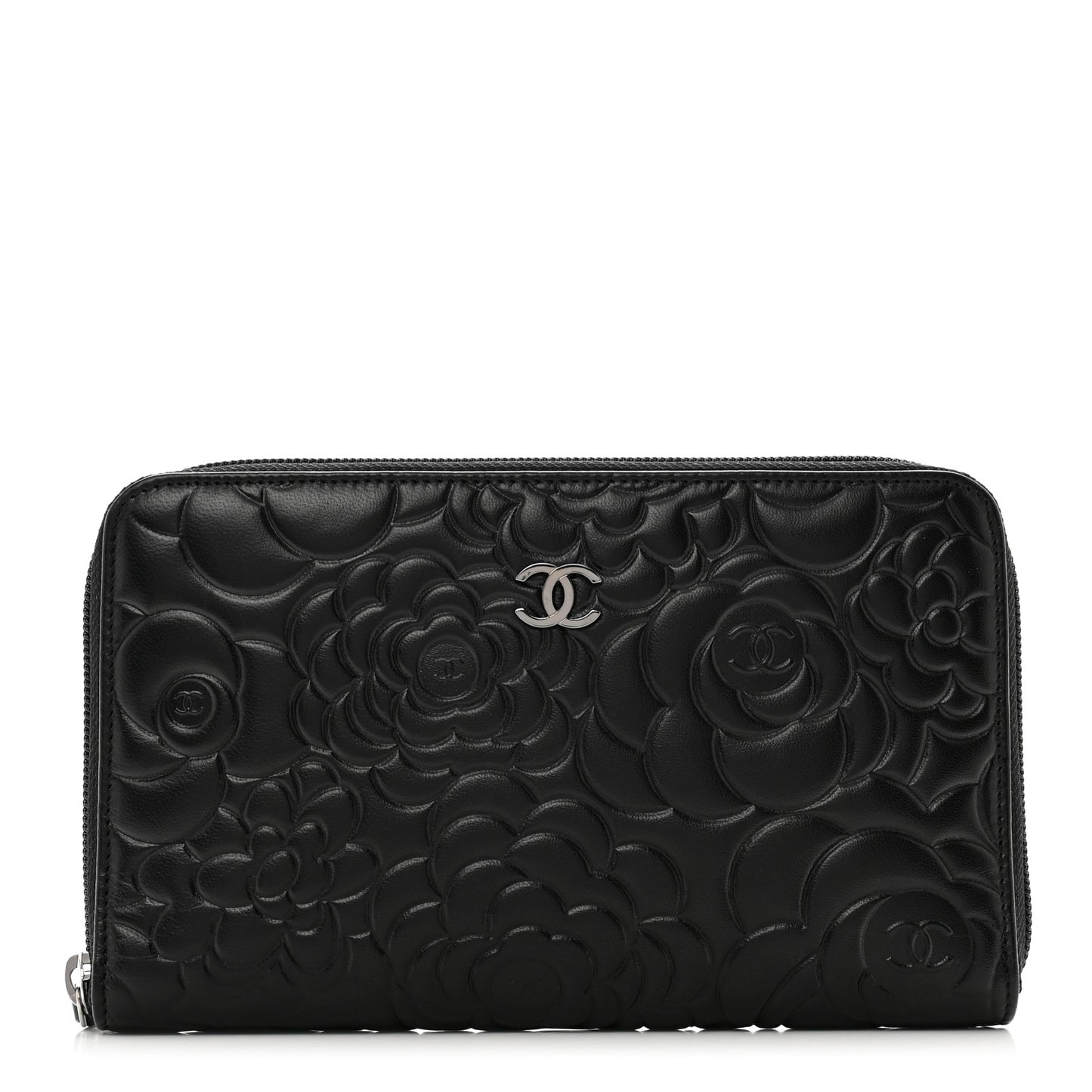 Lambskin Camellia Embossed Zip Around Organizer Wallet Black