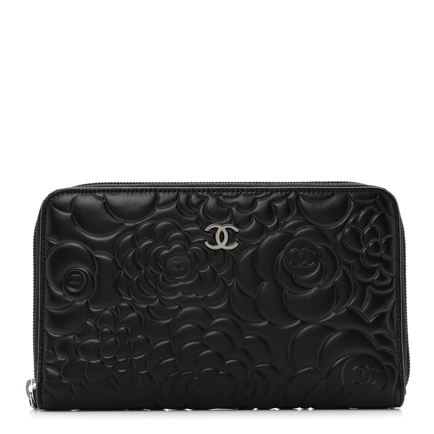 Chanel Lambskin Camellia Embossed Zip Around Organizer Wallet Black 1 of 9