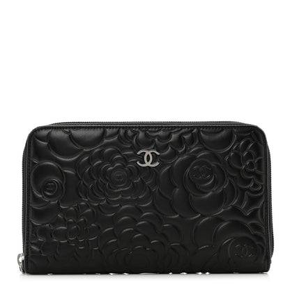 Chanel Lambskin Camellia Embossed Zip Around Organizer Wallet Black 1 of 9