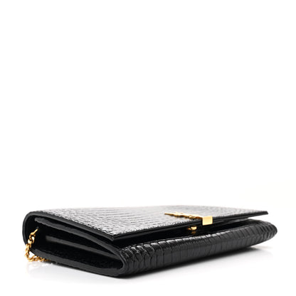 Saint Laurent Calfskin Crocodile Embossed Monogram Chain Wallet Black 4 of 12