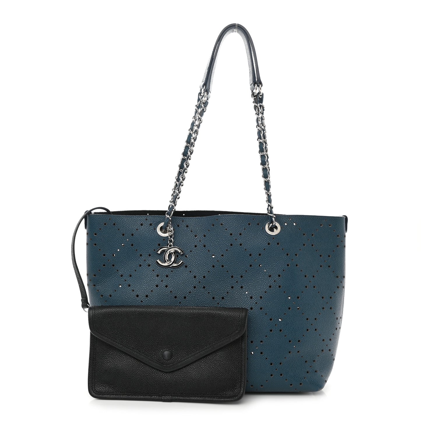 Perforated Grained Calfskin Large Shopping Tote Blue