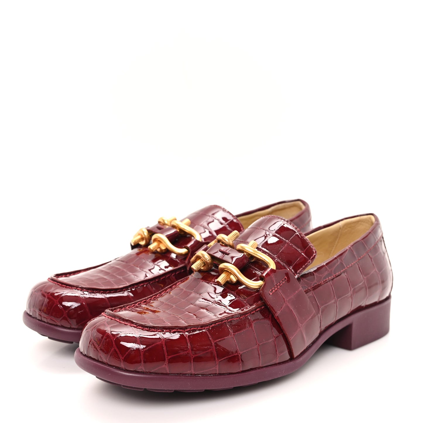 Glossy Calfskin Crocodile Embossed Monsieur Loafers 38.5 Cherry